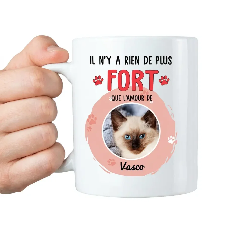 Tasse personnalisée avec photo de chat et prénom Vasco, mug blanc cadeau pour amoureux des animaux